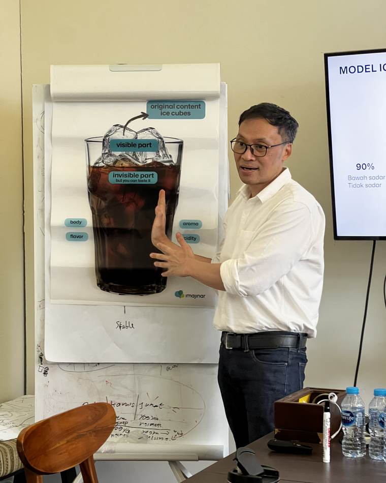 Fasilitator menjelaskan model gunung es memakai gambar segelas kopi dingin: bagian yang terlihat, dan bagian yang tidak terlihat tapi terasa di rasanya.